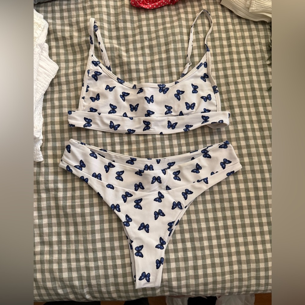 White and blue butterfly bikini